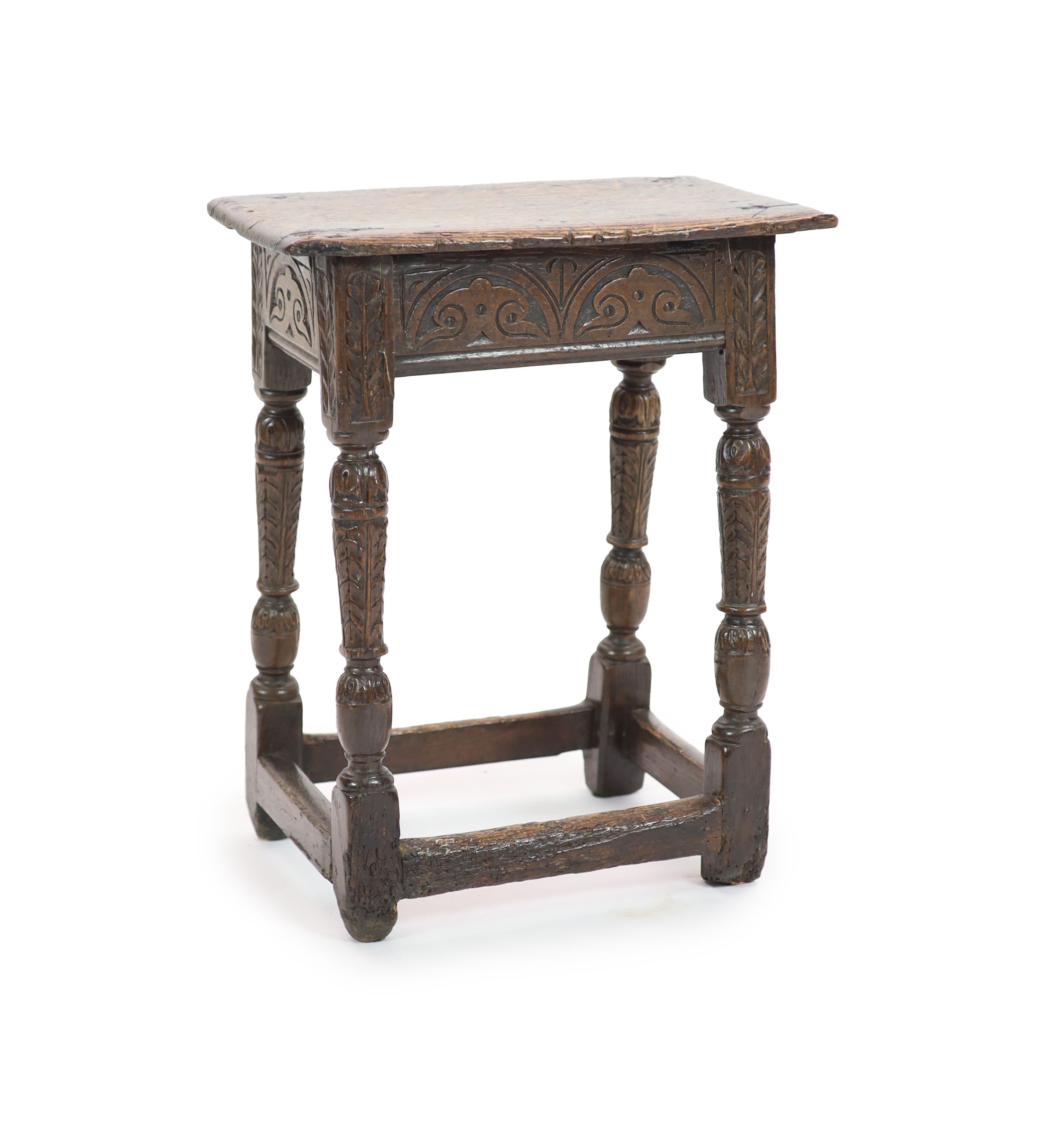 A Charles I oak joint stool, H 56cm. W 44cm. D 26cm.